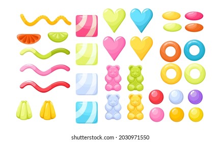 Set von Gelee-Kanälen, Gummibären, Würmern, Ringen und Herzen mit Zitronenschneiden einzeln auf weißem Hintergrund. Farbige Süßigkeiten für Kinder, Bonbon-Bonbon-Elemente. Cartoon-Vektorgrafik