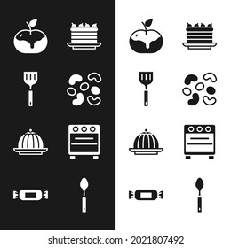 Ponga dulces de gelatina, espátula, manzana en caramelo, tarta, crema de crema, cuerno, cuchara e icono de caramelo. Vector