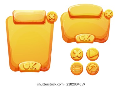 Establece Jelly, menú de juego de plantillas de interfaz de fantasía y los botones de ajuste en estilo de dibujos animados aislados en fondo blanco. activo Ui, marco para el diseño de configuración. Casual web 2d elemento.