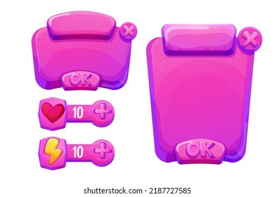 Set Jelly, fantasy interface template game menu and setting buttons in cartoon style isolated on white background. Ui asset, frame for settings design. Casual web 2d element.