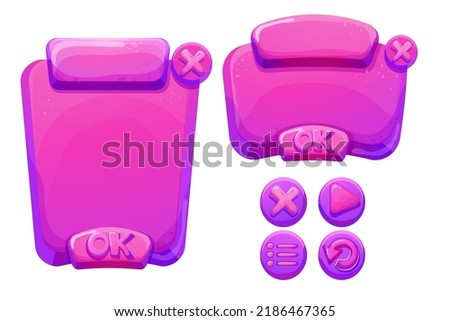 Set Jelly, fantasy interface template game menu and setting buttons in cartoon style isolated on white background. Ui asset, frame for settings design. Casual web 2d element.
