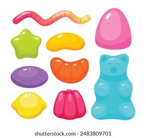 Set of Jelly gum candy sweets vector illustration set. Realistic creative chewy candy for kids collection, funny gummy bear, and worm, lemon and orange slice, isolated on white background.