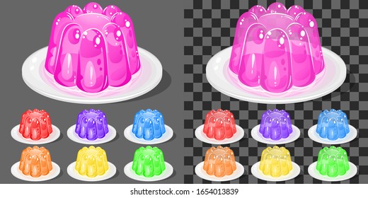 Set of jelly on plate. Sweet treat, packaging element. Art not transparent on gray background, transparent on other in vector program. Used gradient. Vector illustration.