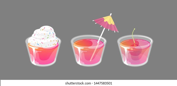 Set of jelly shots with cream, cocktail umbrella and cherry on top. Fresh sweet drink ads concept. Vector collection isolated on gray background.