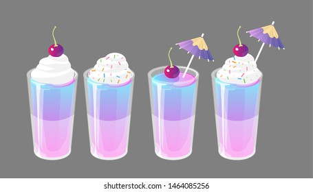 Set of jelly shots with cream, cocktail umbrella and cherry on top. Fresh sweet drink ads concept. Vector collection isolated on gray background.