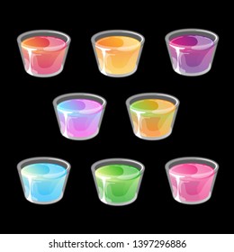 Set of jelly shots in small plastic cups. Bright multicolored gradient jelly in glossy cartoon style. Vector illustration isolated on gray background.