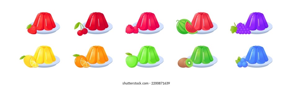 Ponga el postre dulce gelatinoso en el plato con diferentes frutas y bayas cartoon ilustración vectorial. Paquete de dulces coloridos de gelatina