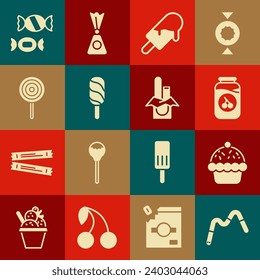 Set Jelly worms candy, Cupcake, Cherry jam jar, Ice cream, Lollipop, Candy and Chocolate bar icon. Vector