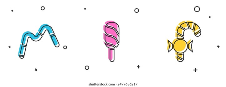 Set Jelly worms candy, Ice cream and Christmas cane icon. Vector