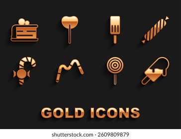 Set Jelly worms candy, Candy, Ice cream, Lollipop, Christmas cane, Piece of cake and  icon. Vector