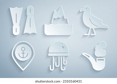Set Jellyfish, Bird seagull, Location with anchor, Smoking pipe, Iceberg and Flippers for swimming icon. Vector