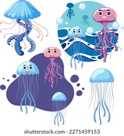 Set of  jellyfish cartoon character illustration