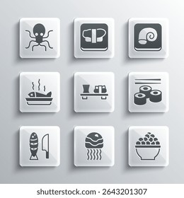 Set Jellyfish, Caviar, Sushi, on cutting board, Fish with sliced pieces, Served plate, Octopus and  icon. Vector