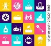 Set Jellyfish, Dead, Bottle with message in water, Floating buoy, Sharp stone reefs, Wind rose, Lighthouse and Binoculars icon. Vector
