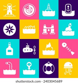 Set Jellyfish, Dead, Bottle with message in water, Floating buoy, Sharp stone reefs, Wind rose, Lighthouse and Binoculars icon. Vector