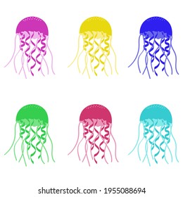 set of jellyfish of different colors isolated on white background— purple, yellow, blue, green, red