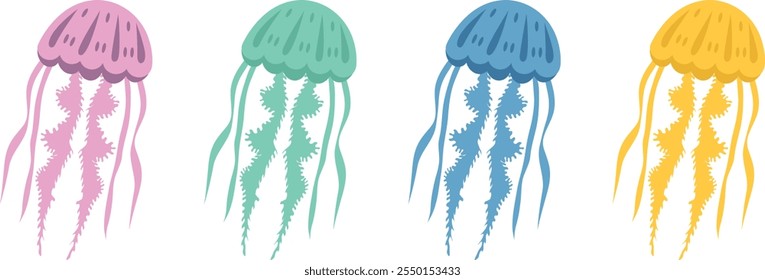 Set of jellyfish of different colors. Vector isolated illustration.