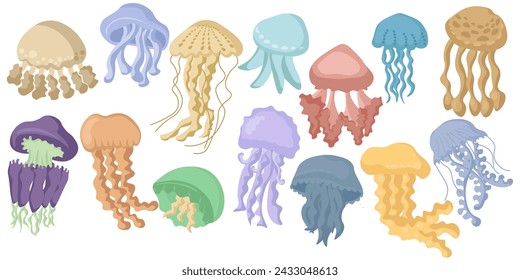 Conjunto de medusas de diferentes formas y tamaños, los habitantes del mar nadan libremente a diferentes profundidades ilustración vectorial