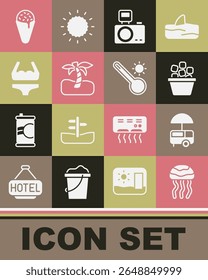 Set Jellyfish, Fast street food cart, Ice bucket, Photo camera with flash, Tropical palm, Swimsuit, cream in waffle cone and Meteorology thermometer icon. Vector
