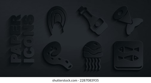 Set Jellyfish, Fish tail, Octopus of tentacle, Canned, Soy sauce bottle and steak icon. Vector