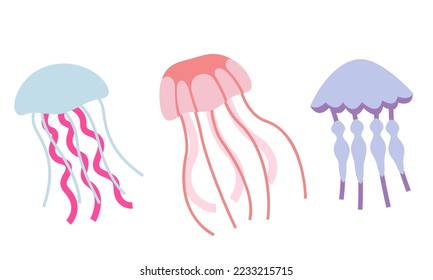 Set of jellyfish in flat style. Beautiful underwater inhabitants.