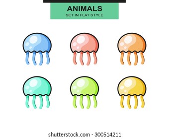 Set of jellyfish in a flat style with strokes of different colors. vector