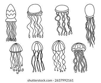 Set of jellyfish hand drawn isolated on white background