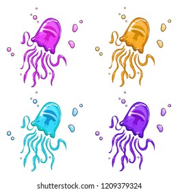 Set of jellyfish icon. Vector illustration of a cartoon bright jellyfish. Hand drawn sea jellyfish.