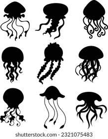 Set of Jellyfish Icons in silhouette style, vector
