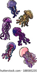 Set of jellyfish, medusa, white background, isolated, cartoon style, flat style, sea, ocean, aqua, aquatic, underwater, shop, decor, pink, violet, underwater, shop, store, zoo, feed, water, fish, wild