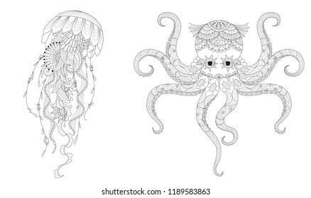 Set of jellyfish and octopus for coloring book page for anti stress and print on product. .Freehand drawing. Vector illustration.