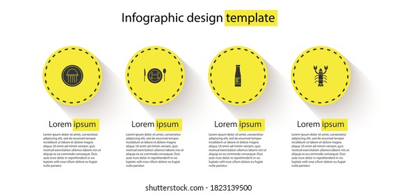 Set Jellyfish on a plate, Served crab, Sauce bottle and Lobster. Business infographic template. Vector.