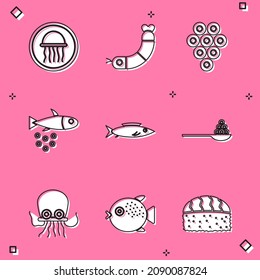 Set Jellyfish on a plate, Shrimp, Caviar, Fish with caviar, spoon, Octopus and Puffer icon. Vector