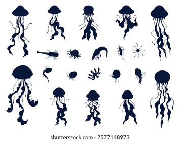 Set jellyfish and plankton silhouettes. Water ocean animals, underwater tropical fish, icon or logo design. Exotic sea creatures. Marine graphic design. Vector flat isolated black illustration