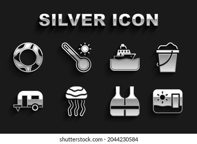 Set Jellyfish, Sand in bucket, Travel postcard, Life jacket, Rv Camping trailer, Cruise ship, Rubber swimming ring and Meteorology thermometer icon. Vector