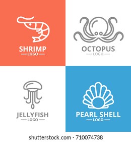 Set of jellyfish and seafood, shrimp, shell, octopus logo or insignia, emblems, labels and badge. Vector line style