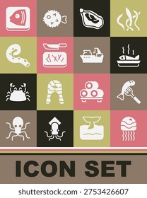 Set Jellyfish, Served on a plate, Mussel, Cutting board and knife, Octopus of tentacle, Fish head and Fishing boat icon. Vector