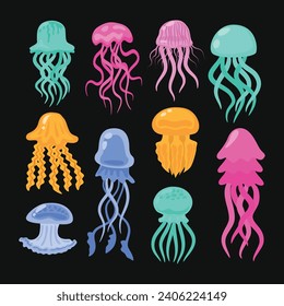 Set of Jellyfish underwater animals, colorful jelly fish deep ocean creatures with long poisonous tentacles isolated set. Colorful jellyfish set, swimming marine creatures, vector illustration.