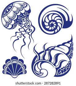 Set of jellyfish and various sea shells
