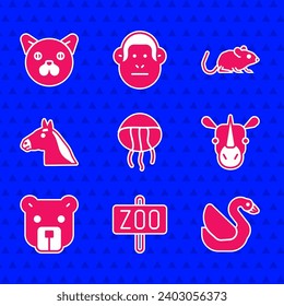 Set Jellyfish, Zoo park, Swan bird, Rhinoceros, Bear head, Horse, Rat and Cat icon. Vector