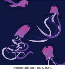 Set of jellyfishes dancing in the water, hand-drawn