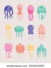 Set of jellyfishes. Green, pink, blue and yellow medusa. Underwater life, fauna and wildlife. Sea or ocean. Aquatic habitats. Flat vector collection isolated on beige background