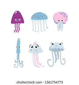 Set of jellysish. funny kids cartoon Medusas. Vector character design on white background.