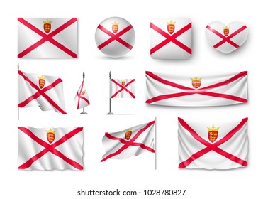 Set Jersey flags, banners, banners, symbols, flat icon. Vector illustration of collection of national symbols on various objects and state signs