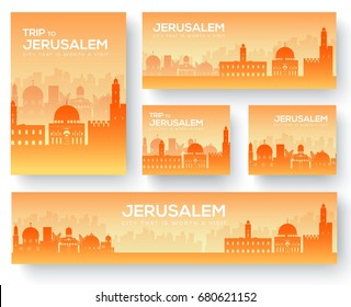 Set of Jerusalem landscape country ornament travel tour concept. Culture traditional, magazine, book, poster, abstract, element. Vector decorative ethnic greeting card or invitation background