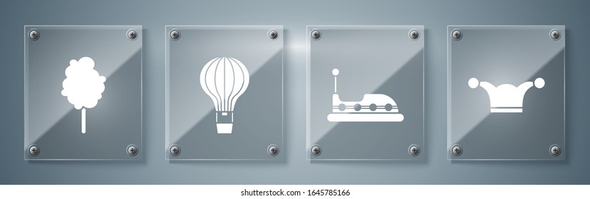 Ponga sombrero de éster con campanas, camión de parachoques, globo de aire caliente y caramelos de algodón. Paneles de vidrio cuadrado. Vector