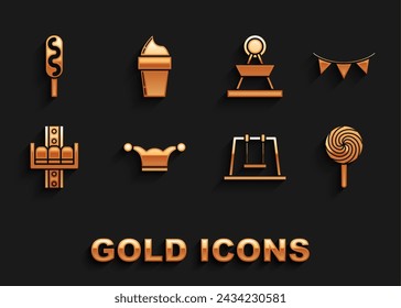 Set Jester hat with bells, Carnival garland flags, Lollipop, Swing, Attraction carousel, Corn dog and Ice cream waffle cone icon. Vector