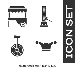 Set Jester hat with bells, Fast street food cart with awning, Unicycle or one wheel bicycle and High striker attraction with big hammer icon. Vector