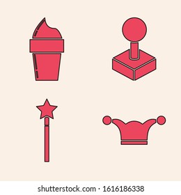 Set Jester hat with bells, Ice cream in waffle cone, Joystick for arcade machine and Magic wand icon. Vector