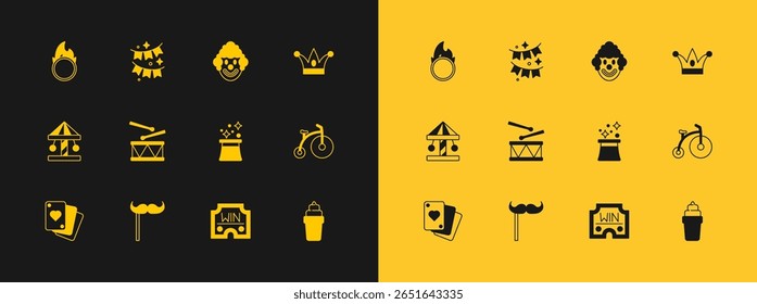 Set Jester hat with bells, Paper mustache on stick, Magician, Casino win, Drum drum sticks, Clown head, Circus fire hoop and Carnival garland flags icon. Vector